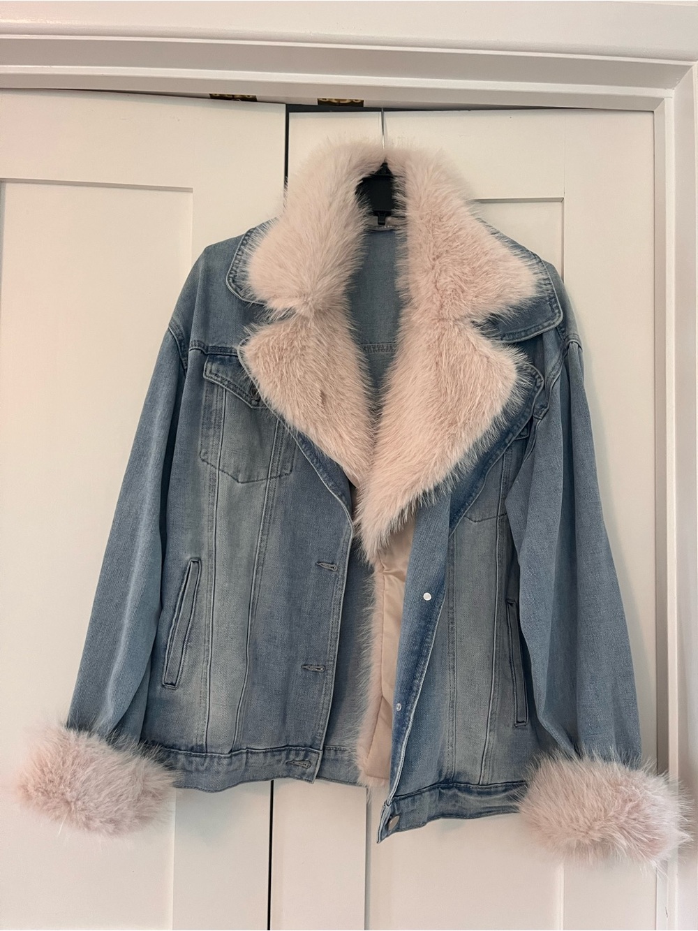 Light Blue Denim Jacket with Blush Faux Fur Trim